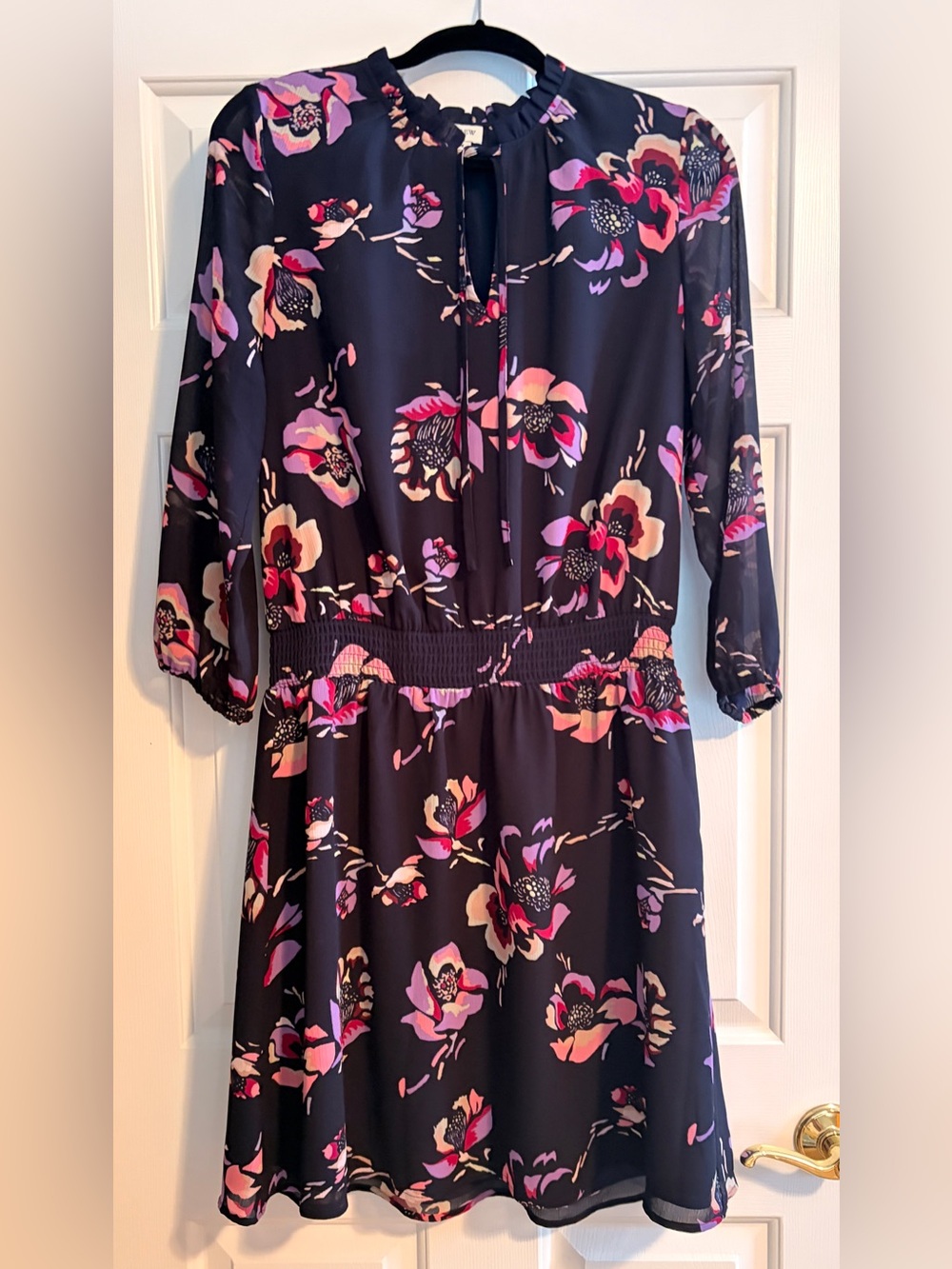 J. Crew Black Long-Sleeve Floral Tie-Neck Dress with Pink & Purple Blooms